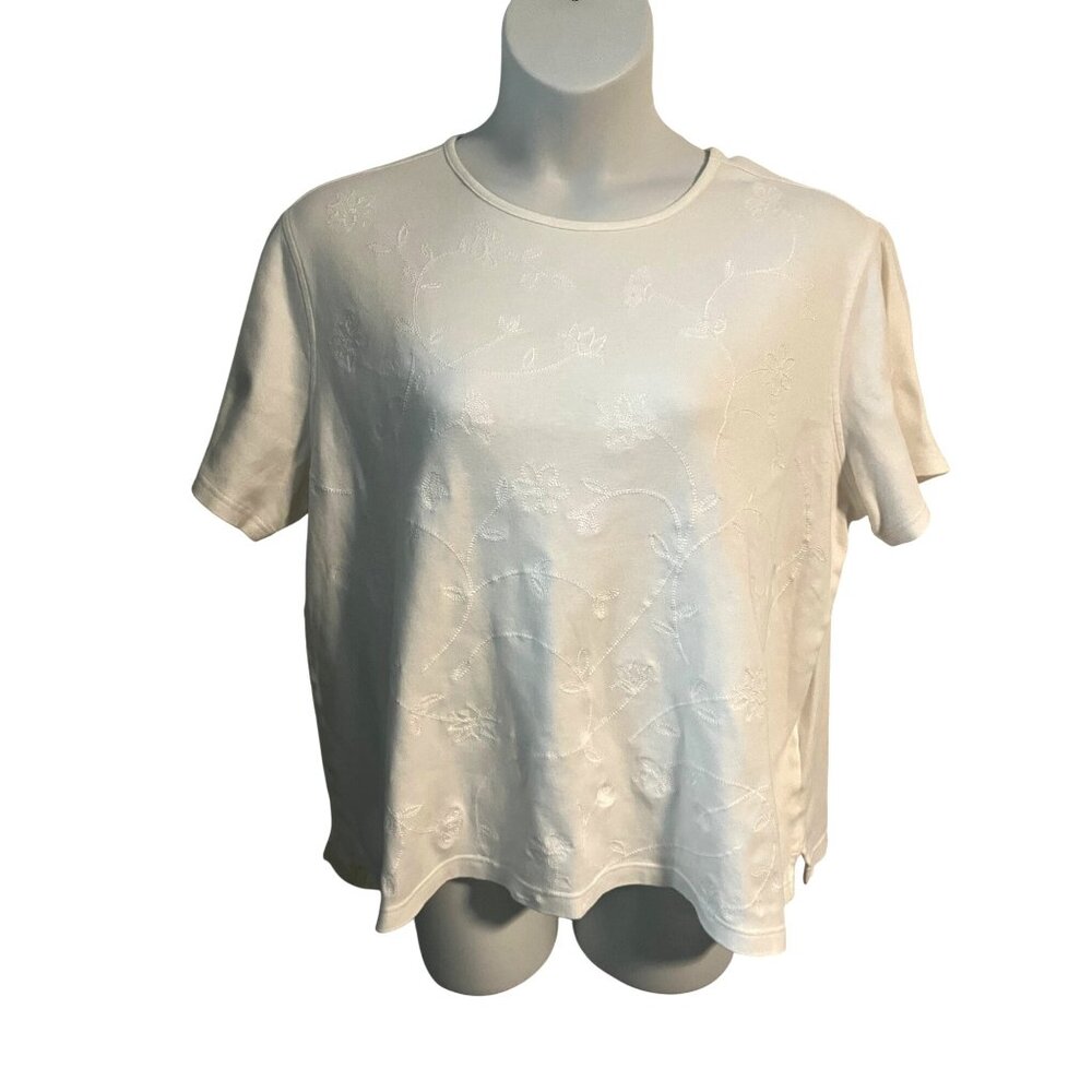Classic Elements White Floral Embroidered Short Sleeve Cotton Top Shirt 20W 22W